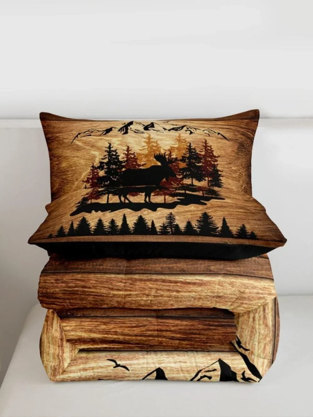 Jungle Cabin Comforter Set,Moose Animal Pine Trees Bedding Sets for Kids Teens A